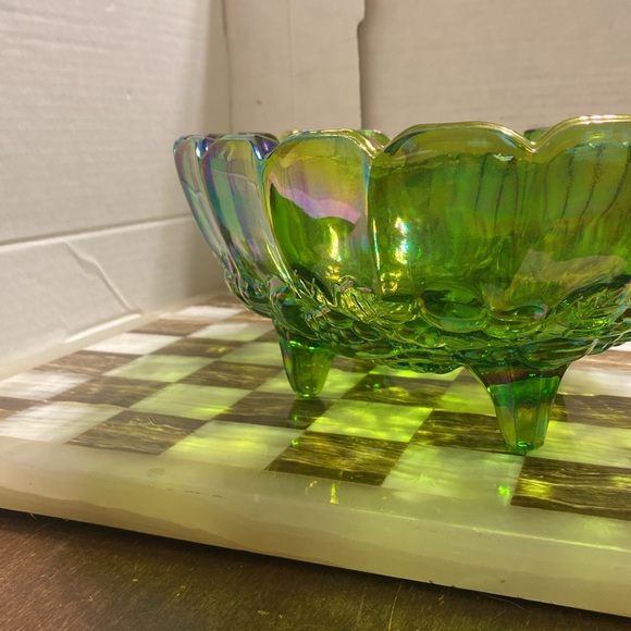 Vintage 1970s Indiana Harvest Iridescent Green Carnival Glass Oval Center Bowl - Picture 9 of 12